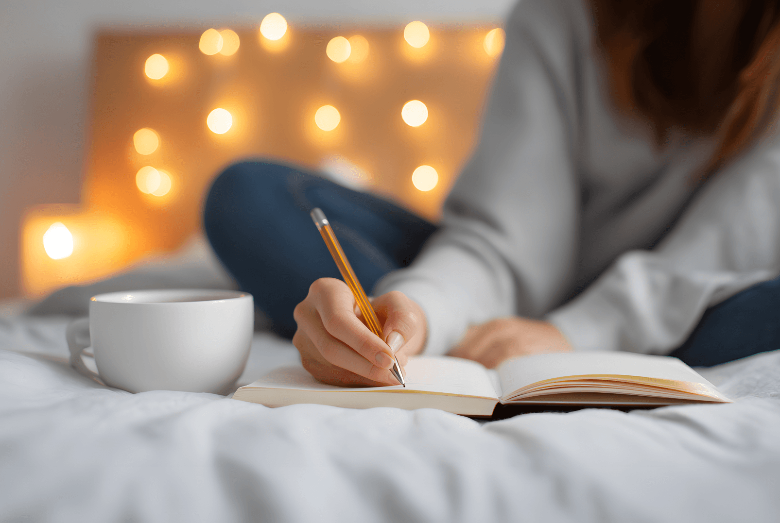 A woman writing in a notebook while sitting on a bed, with a cup beside her