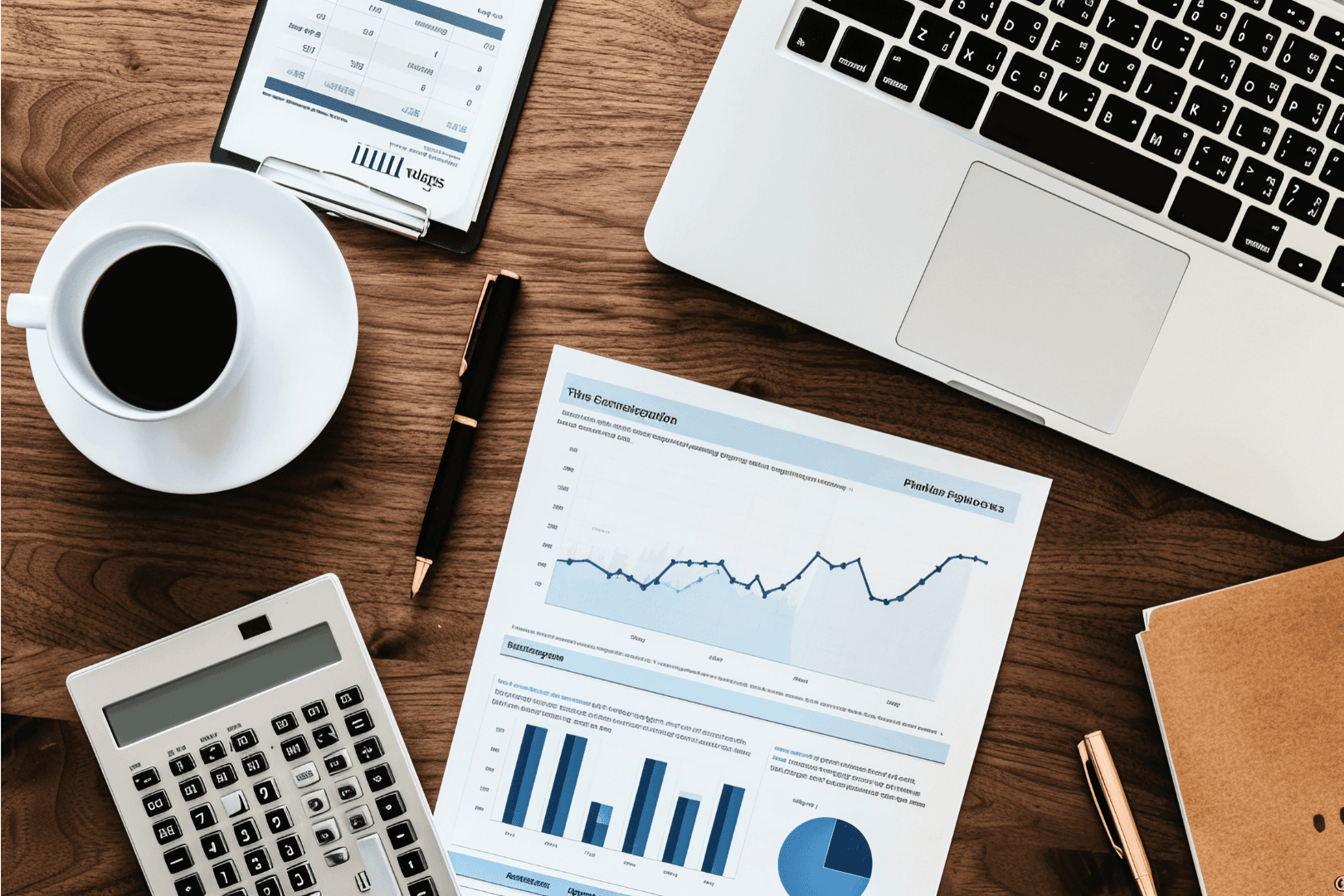 A workspace setup with a laptop, calculator, pen, coffee cup, and financial papers spread out on a desk